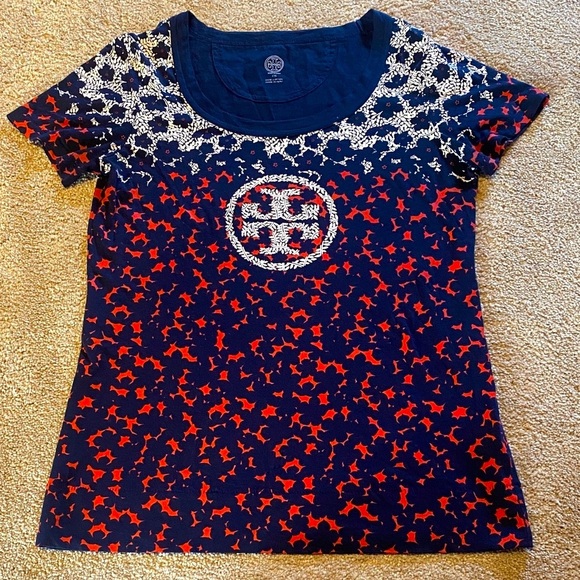 Tory Burch Logo Pima Cotton Scoop Neck S/S Floral T-Shirt Navy Red White SMALL - Picture 1 of 9